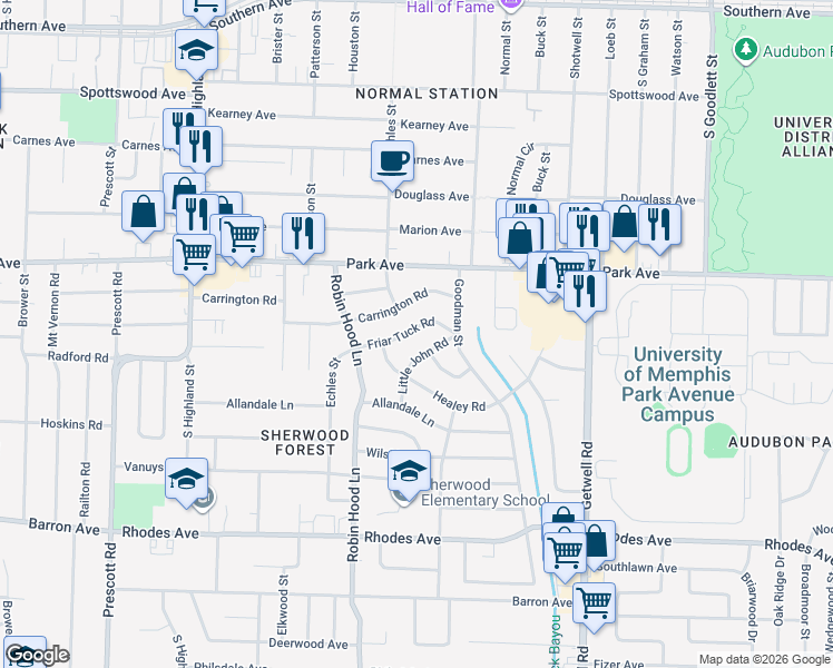 map of restaurants, bars, coffee shops, grocery stores, and more near 3766 Friar Tuck Road in Memphis