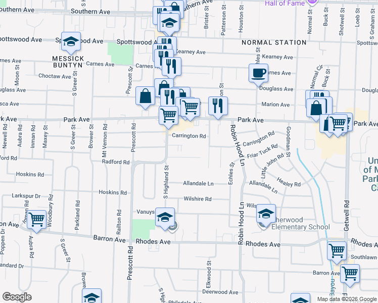 map of restaurants, bars, coffee shops, grocery stores, and more near 3537 Carrington Road in Memphis
