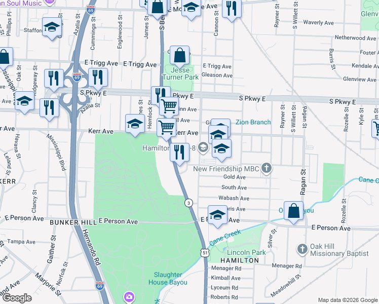 map of restaurants, bars, coffee shops, grocery stores, and more near 1484 South Montgomery Street in Memphis
