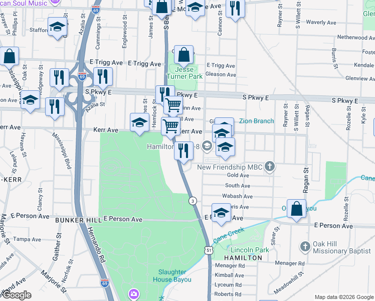 map of restaurants, bars, coffee shops, grocery stores, and more near 1484 South Montgomery Street in Memphis