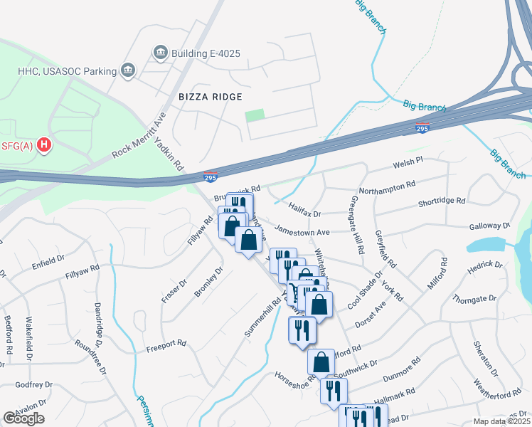 map of restaurants, bars, coffee shops, grocery stores, and more near 406 Halifax Drive in Fayetteville