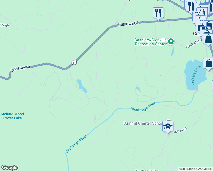 map of restaurants, bars, coffee shops, grocery stores, and more near 132 Stillwater Road in Cashiers