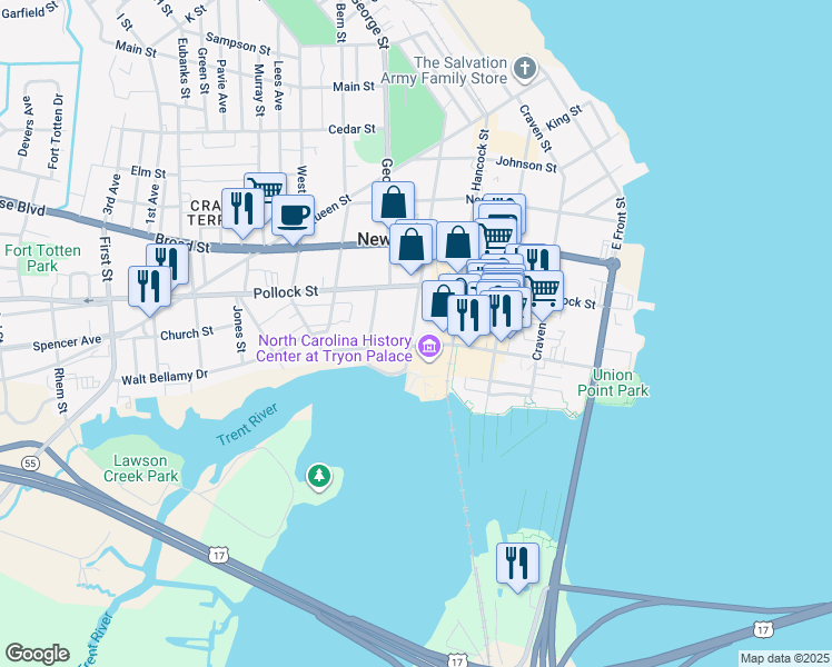 map of restaurants, bars, coffee shops, grocery stores, and more near 208 Metcalf Street in New Bern