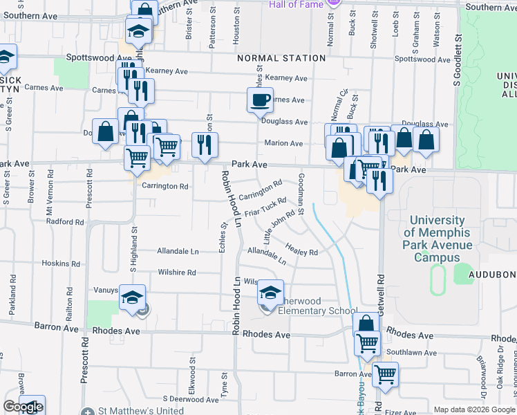 map of restaurants, bars, coffee shops, grocery stores, and more near 3713 Carrington Road in Memphis