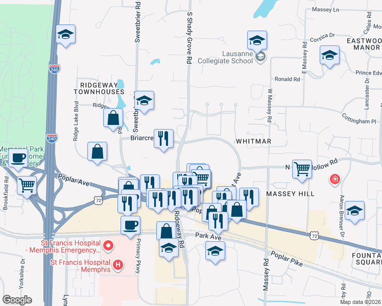 map of restaurants, bars, coffee shops, grocery stores, and more near 942 South Shady Grove Road in Memphis