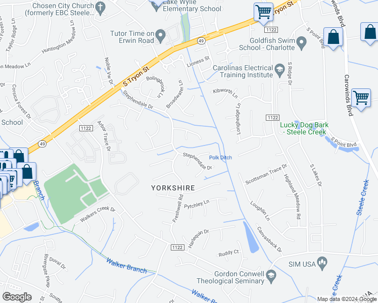 map of restaurants, bars, coffee shops, grocery stores, and more near 13639 Stephendale Drive in Charlotte