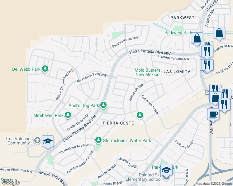 map of restaurants, bars, coffee shops, grocery stores, and more near 8824 Wind Sock Road Northwest in Albuquerque