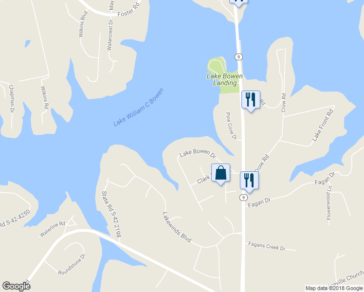 map of restaurants, bars, coffee shops, grocery stores, and more near 134 Lake Bowen Drive in Inman