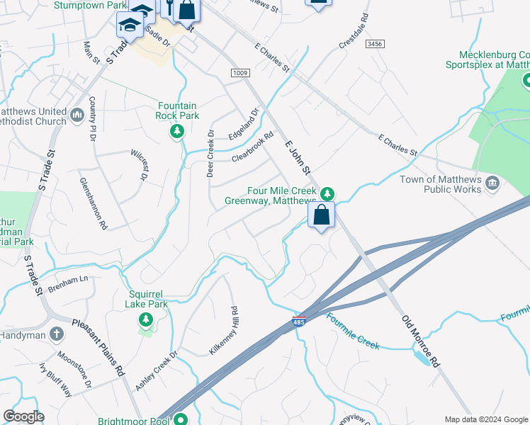 map of restaurants, bars, coffee shops, grocery stores, and more near 7800 Greylock Ridge Road in Matthews