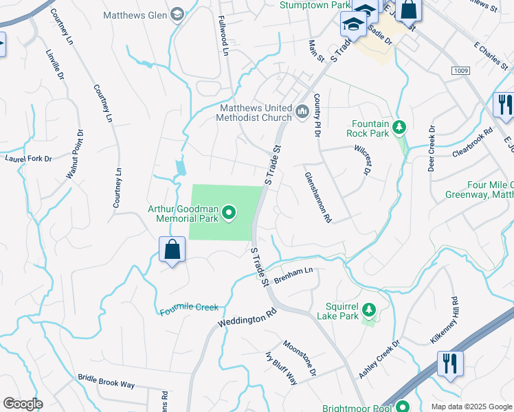map of restaurants, bars, coffee shops, grocery stores, and more near 1098 South Trade Street in Matthews