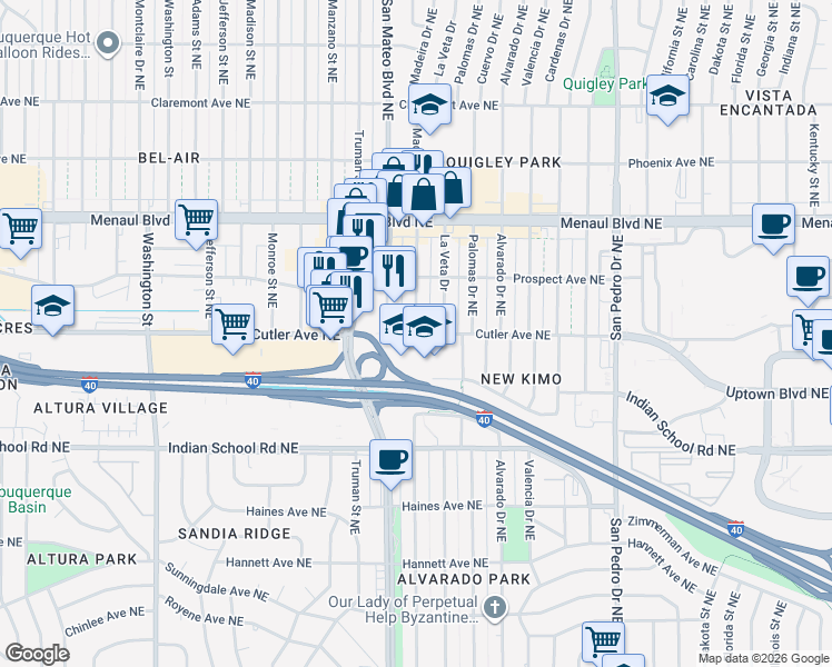 map of restaurants, bars, coffee shops, grocery stores, and more near 5300 Cutler Avenue Northeast in Albuquerque