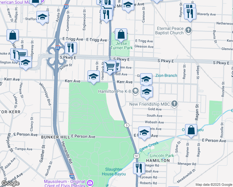 map of restaurants, bars, coffee shops, grocery stores, and more near 1500 Highway 3 in Memphis