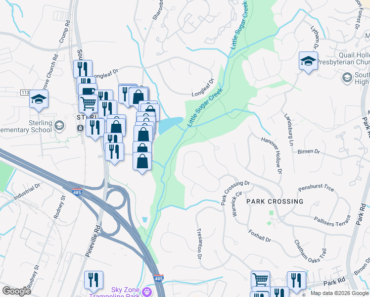 map of restaurants, bars, coffee shops, grocery stores, and more near 10233 Balmoral Circle in Charlotte