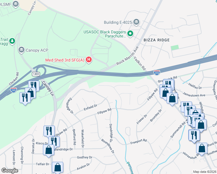map of restaurants, bars, coffee shops, grocery stores, and more near 854 Danish Drive in Fayetteville
