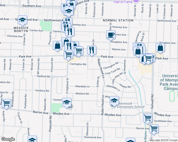map of restaurants, bars, coffee shops, grocery stores, and more near 3628 Carrington Road in Memphis