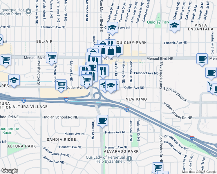 map of restaurants, bars, coffee shops, grocery stores, and more near 2413 Madeira Drive Northeast in Albuquerque