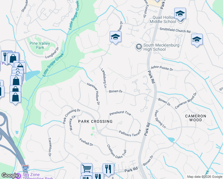 map of restaurants, bars, coffee shops, grocery stores, and more near 9144 Glisson Court in Charlotte