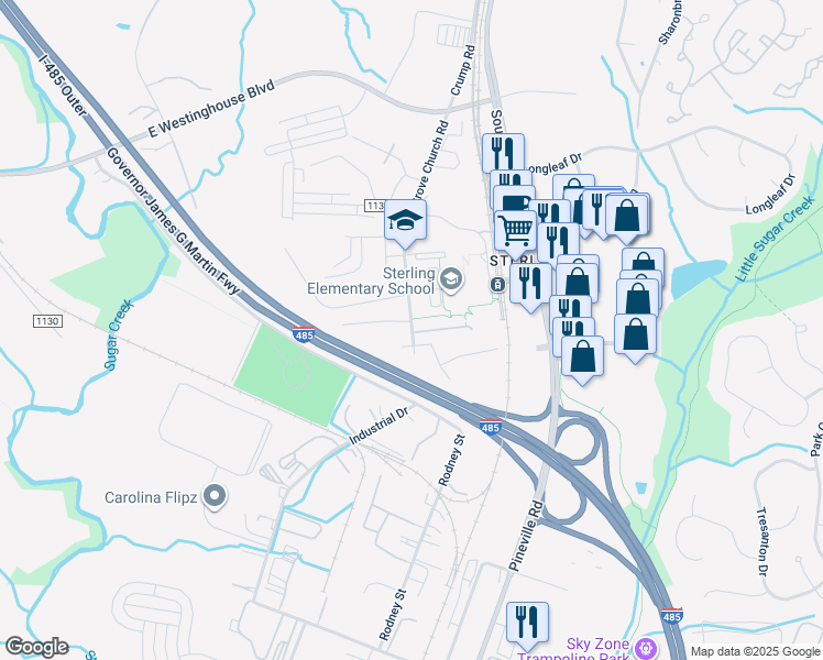 map of restaurants, bars, coffee shops, grocery stores, and more near 9725 China Grove Church Road in Pineville