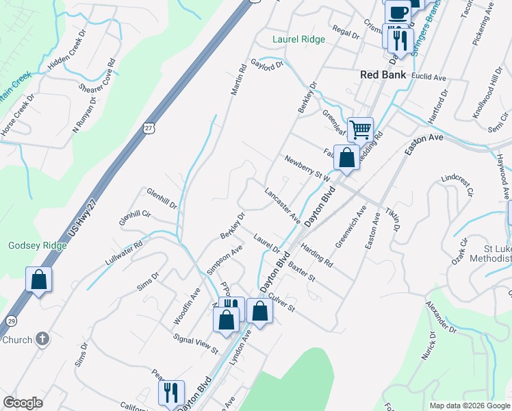 map of restaurants, bars, coffee shops, grocery stores, and more near 3003 Berkley Drive in Chattanooga