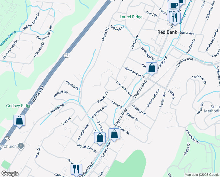 map of restaurants, bars, coffee shops, grocery stores, and more near 3003 Berkley Drive in Chattanooga