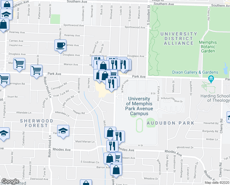 map of restaurants, bars, coffee shops, grocery stores, and more near 939 Getwell Road in Memphis