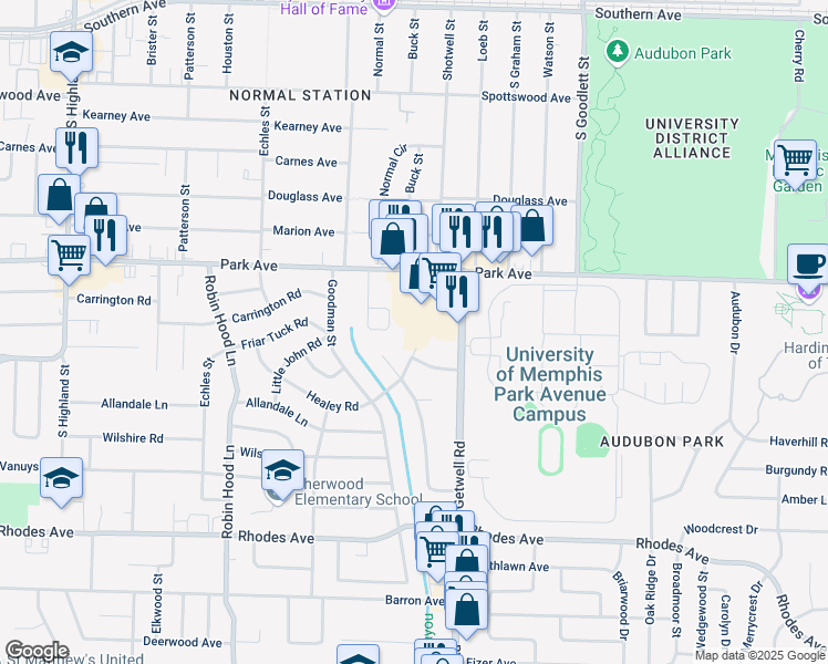 map of restaurants, bars, coffee shops, grocery stores, and more near 939 Getwell Road in Memphis