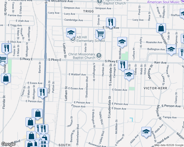 map of restaurants, bars, coffee shops, grocery stores, and more near 1506 South Wellington Street in Memphis