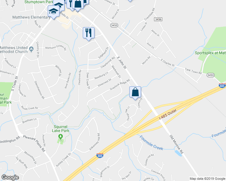 map of restaurants, bars, coffee shops, grocery stores, and more near 7806 Greylock Ridge Road in Matthews