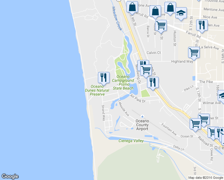 map of restaurants, bars, coffee shops, grocery stores, and more near 370 Pier Avenue in Oceano