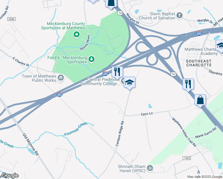 map of restaurants, bars, coffee shops, grocery stores, and more near 2820 Campus Ridge Road in Matthews