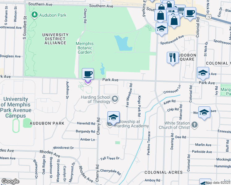 map of restaurants, bars, coffee shops, grocery stores, and more near 950 Cherry Road in Memphis