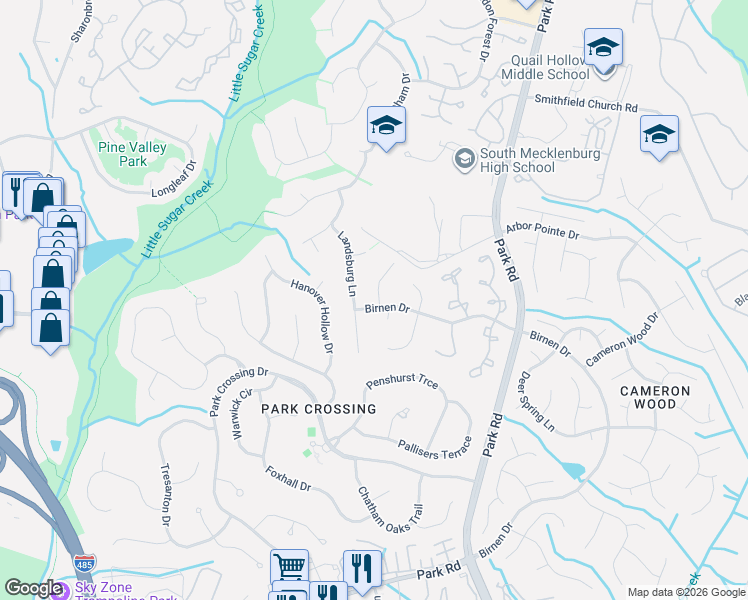 map of restaurants, bars, coffee shops, grocery stores, and more near 9144 Glisson Court in Charlotte