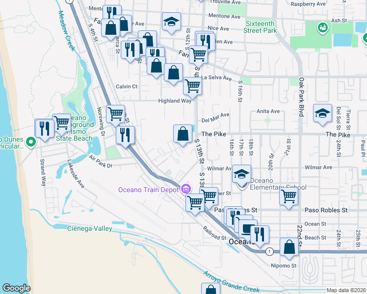 map of restaurants, bars, coffee shops, grocery stores, and more near 1151 Pike Lane in Oceano