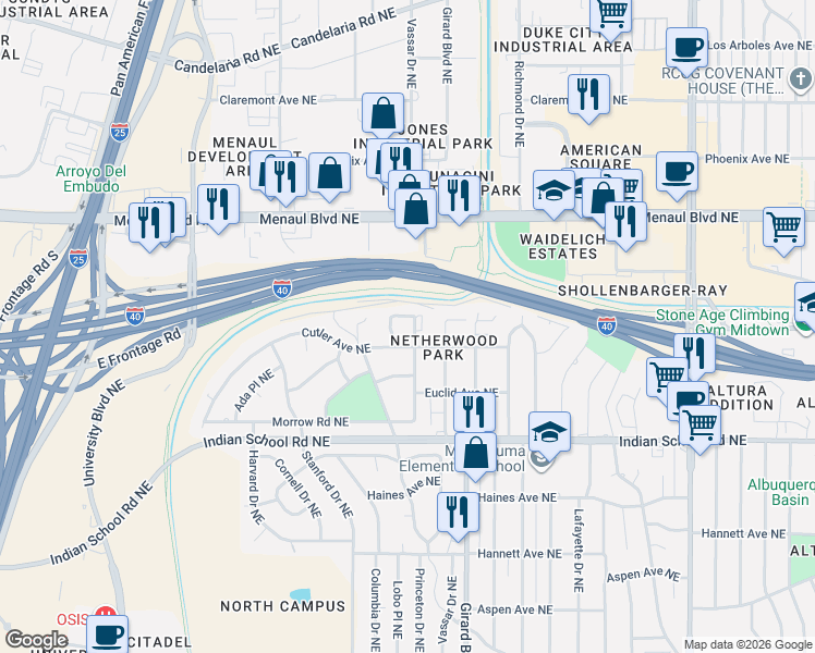 map of restaurants, bars, coffee shops, grocery stores, and more near 1916 Apache Court Northeast in Albuquerque
