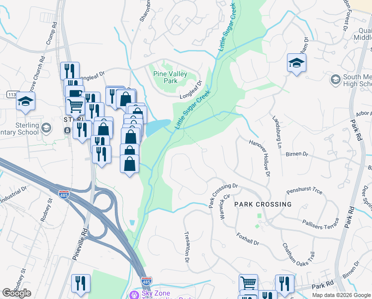 map of restaurants, bars, coffee shops, grocery stores, and more near 10309 Balmoral Circle in Charlotte