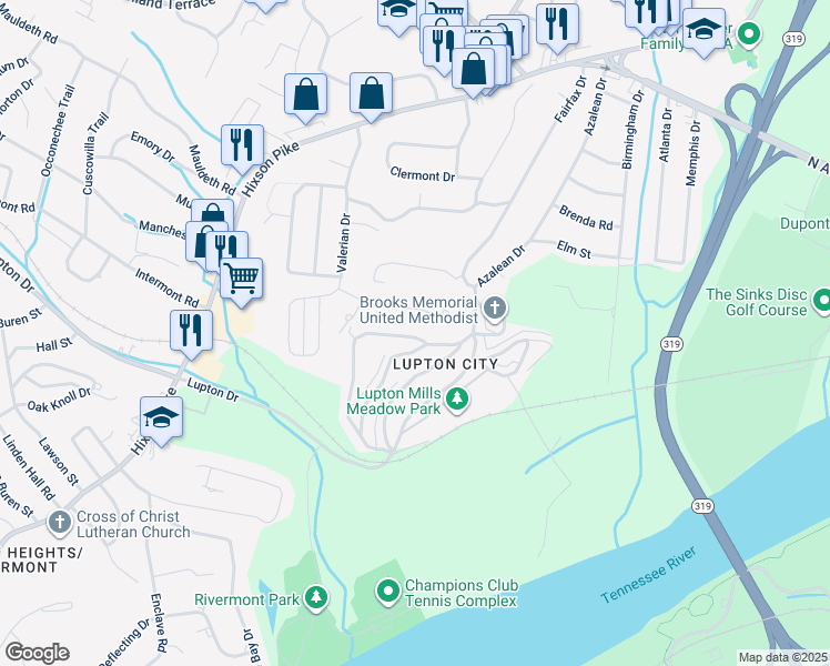 map of restaurants, bars, coffee shops, grocery stores, and more near 3675 Northrop Street in Chattanooga