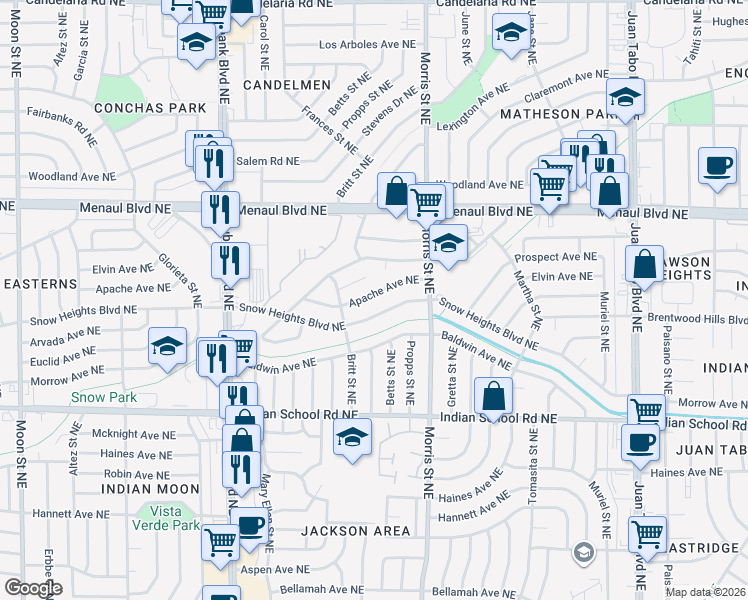 map of restaurants, bars, coffee shops, grocery stores, and more near 10509 Apache Avenue Northeast in Albuquerque