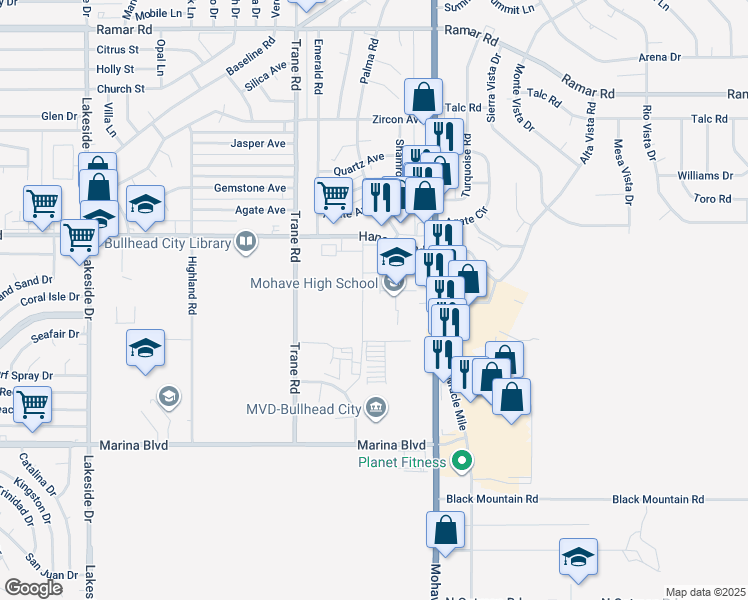 map of restaurants, bars, coffee shops, grocery stores, and more near 2251 Arizona 95 in Bullhead City