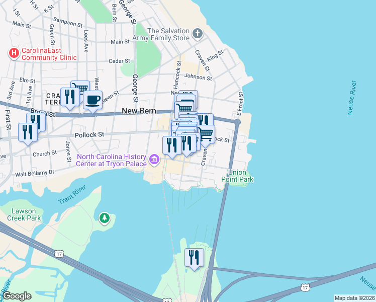 map of restaurants, bars, coffee shops, grocery stores, and more near 238 Middle Street in New Bern