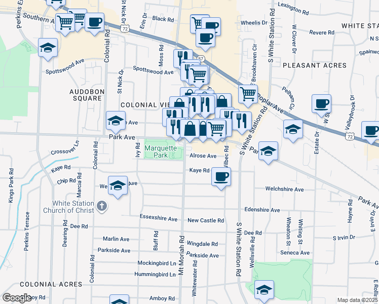map of restaurants, bars, coffee shops, grocery stores, and more near 942 Mount Moriah Road in Memphis