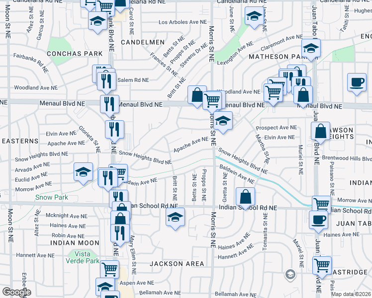 map of restaurants, bars, coffee shops, grocery stores, and more near 10509 Apache Avenue Northeast in Albuquerque