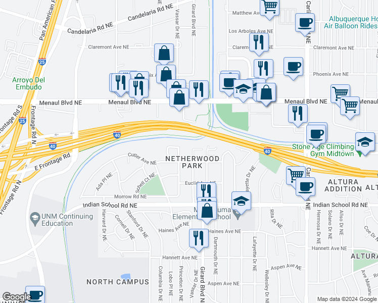 map of restaurants, bars, coffee shops, grocery stores, and more near 1921 Girard Boulevard Northeast in Albuquerque