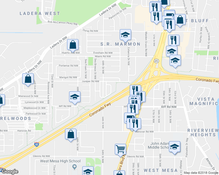map of restaurants, bars, coffee shops, grocery stores, and more near 1926 Amor Drive Northwest in Albuquerque