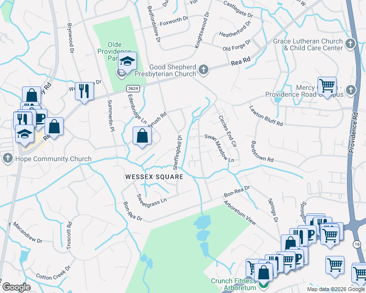 map of restaurants, bars, coffee shops, grocery stores, and more near 4420 Swan Meadow Lane in Charlotte