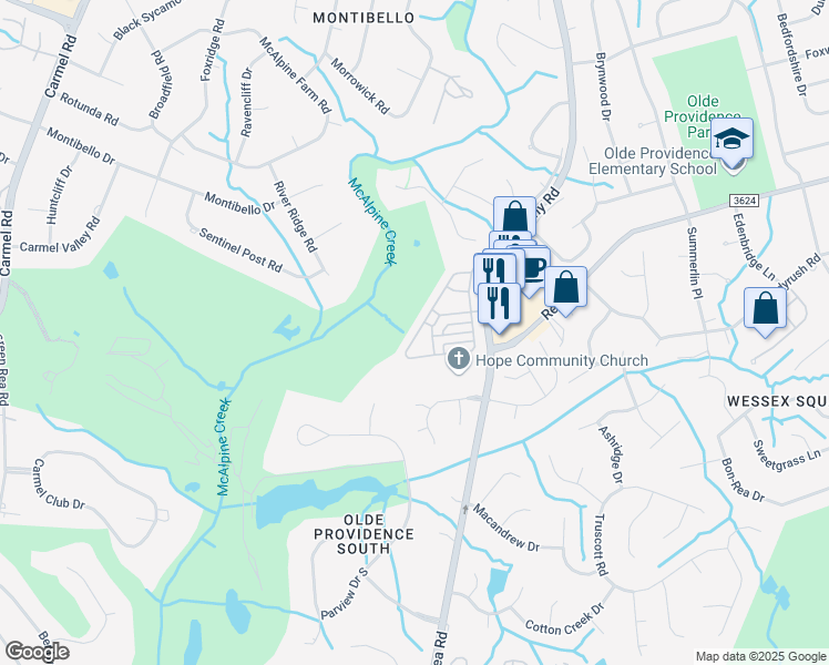 map of restaurants, bars, coffee shops, grocery stores, and more near 6533 Wakehurst Road in Charlotte