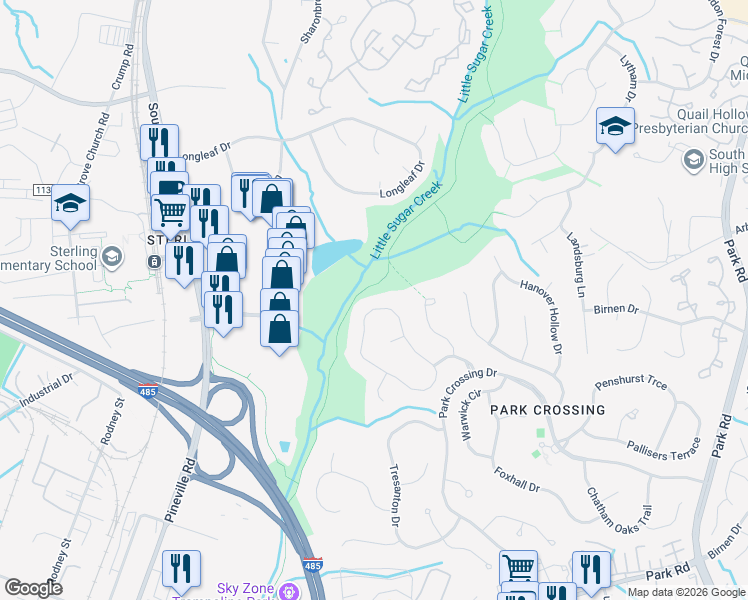 map of restaurants, bars, coffee shops, grocery stores, and more near 10233 Balmoral Circle in Charlotte