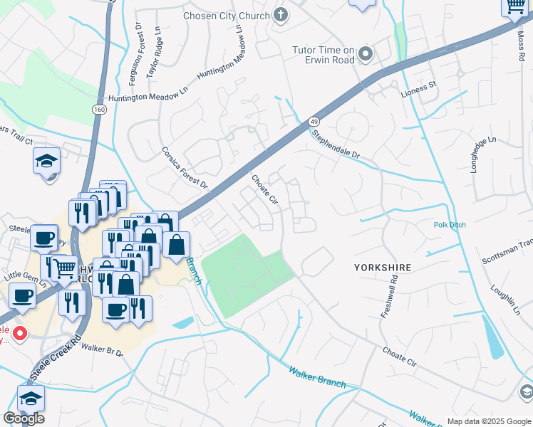 map of restaurants, bars, coffee shops, grocery stores, and more near 13733 Calloway Glen Drive in Charlotte