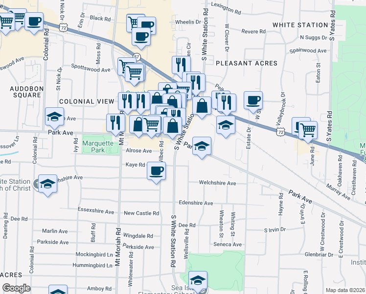 map of restaurants, bars, coffee shops, grocery stores, and more near 5133 Park Avenue in Memphis