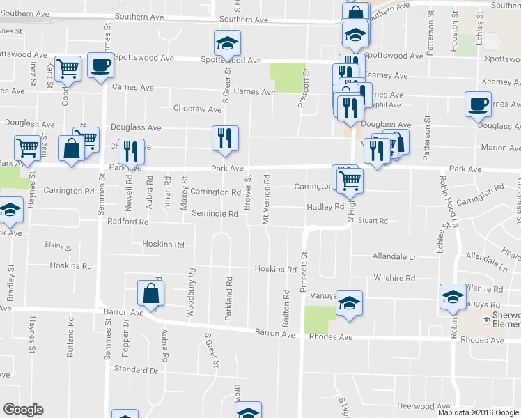 map of restaurants, bars, coffee shops, grocery stores, and more near 928 Brower Street in Memphis