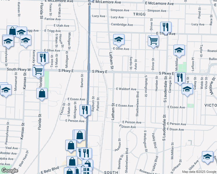 map of restaurants, bars, coffee shops, grocery stores, and more near 304 East Waldorf Avenue in Memphis